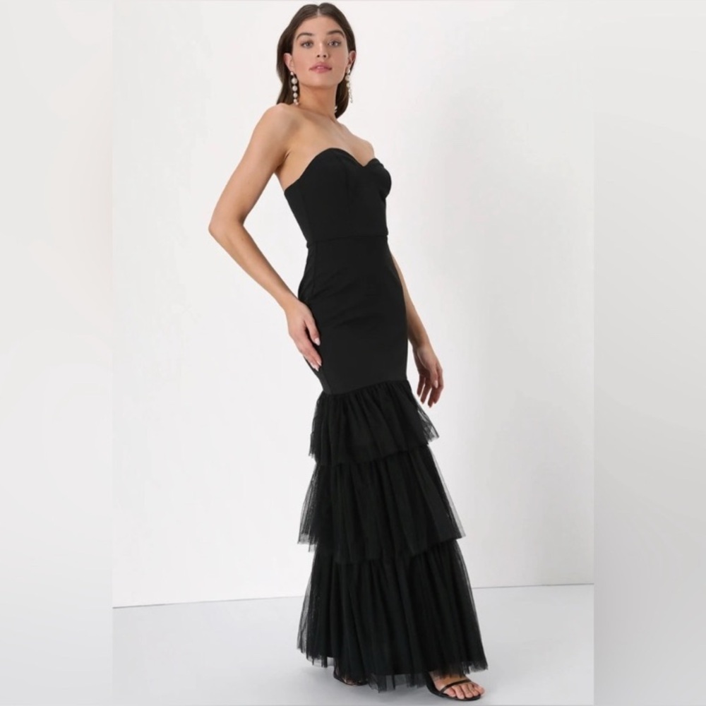 NWT Lulus Dramatic Fanatic Black Strapless Tulle Trumpet Maxi Dress S